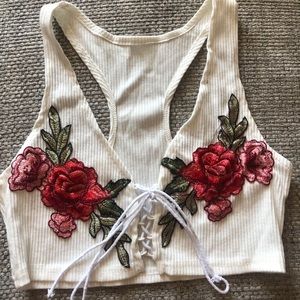 Ivory rose crop top with tie up front
